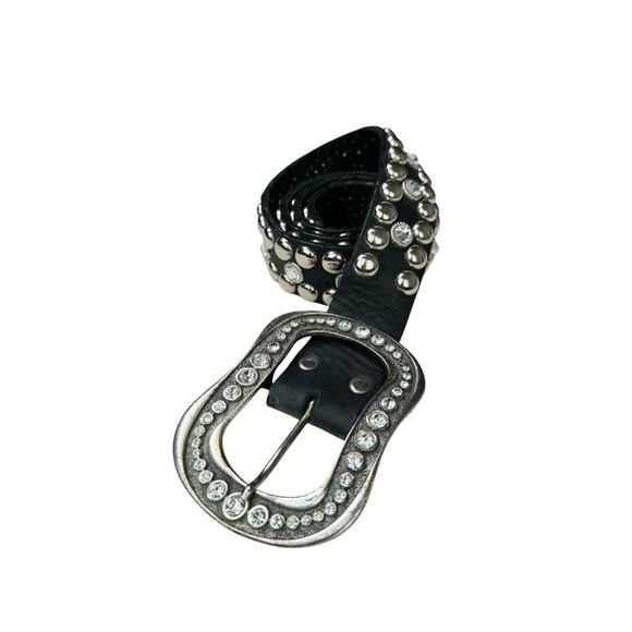 LEATHEROCK USA VINTAGE Black Leather Studded Rhinestone Belt Size Large 41” L main image 5